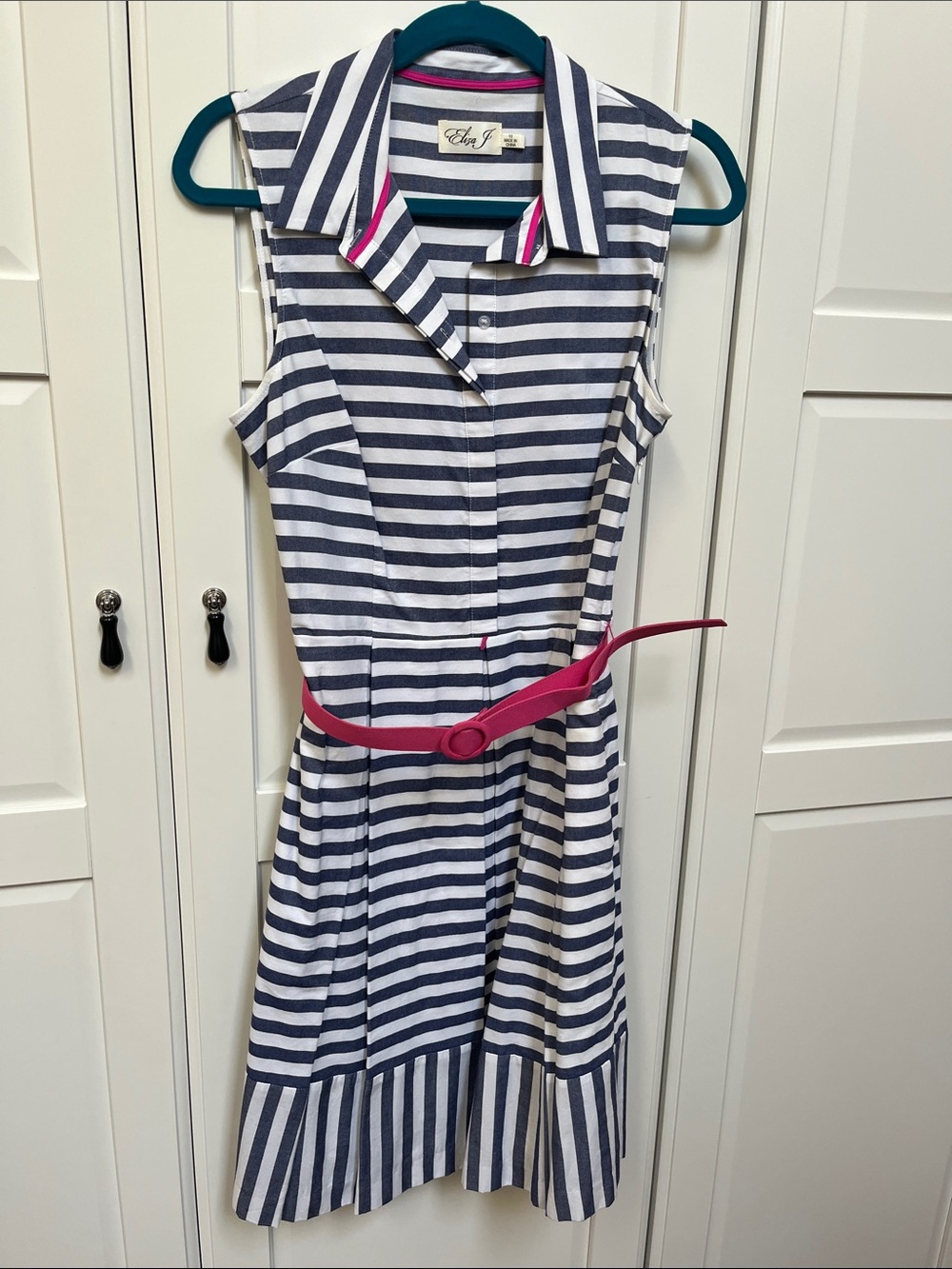 Eliza J Navy and White Striped Sleeveless Shirtwaist Dress with Pink Belt